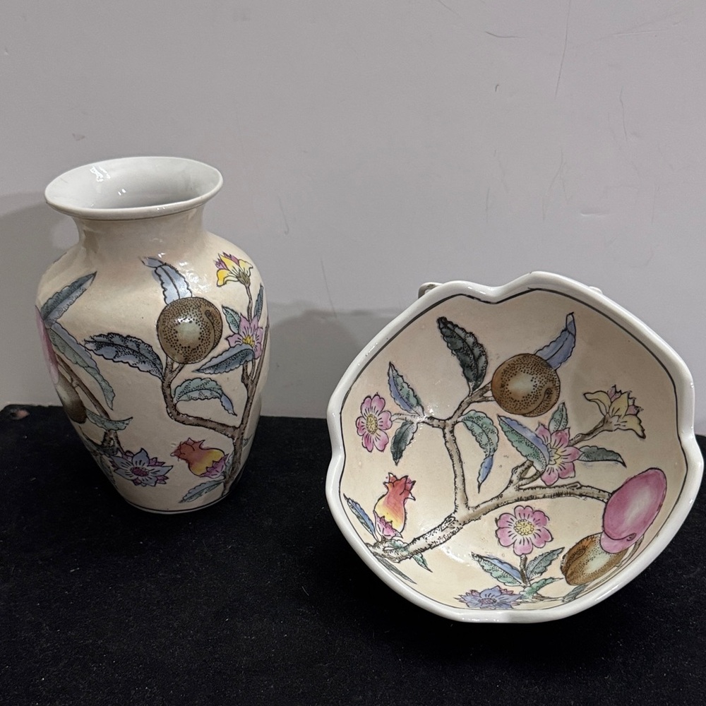 Vintage Chinese Enameled Porcelain Vase and bowl set- Colorful Fruity Floral
